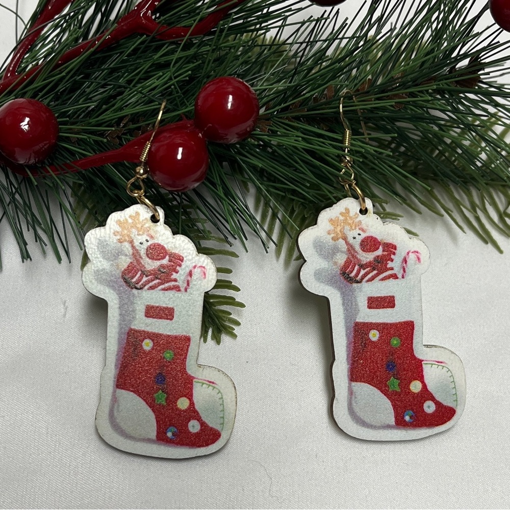 Christmas Earrings,NIP, lite weight wood, design one sided, bright colors, 2”